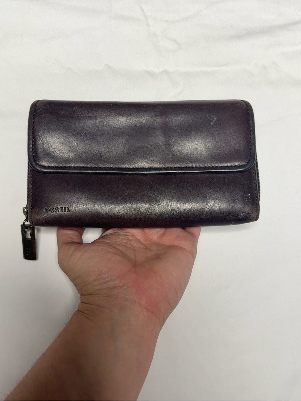 Fossil Brown Leather Organizer Clutch Wallet Zip Around ID Card Holder 7x4